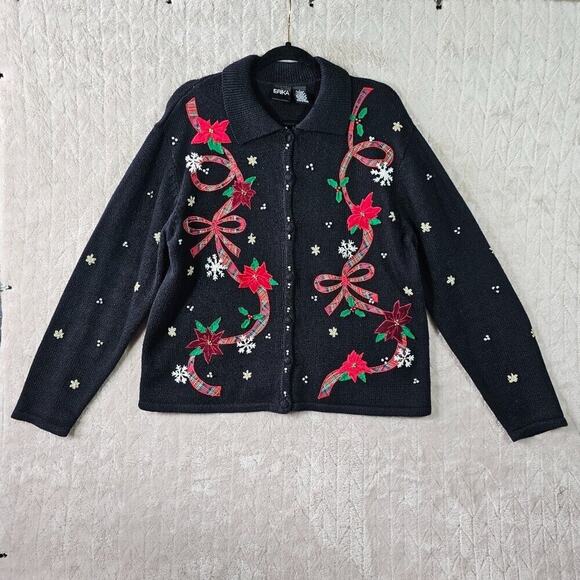 VTG Erika Holiday Cardigan Large Poinsettia Collared Classic Christmas Party - Picture 1 of 7